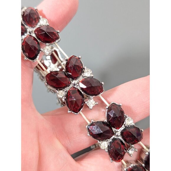 Monet Red Rhinestone Tennis Bracelet 7" Stretch Silver Tone - Picture 7 of 8